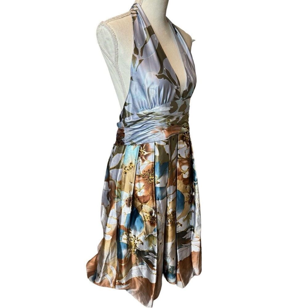 Adrianna Papell Occasions 100% Silk Blue Floral Halter Sequin Dress Y2K Sz 14 - Picture 2 of 14